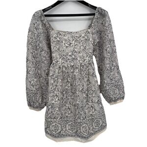 Böhme Paisley Gray & Cream Boho Peasant Dress Long Sleeve Lined NWT Women Size S